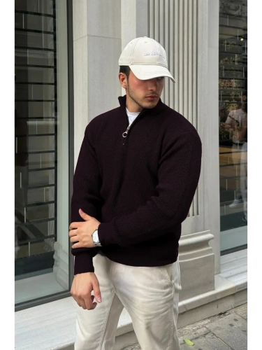 Свитер оверсайз теплый вязаный на молнии с воротником