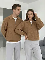 Свитер оверсайз теплый вязаный на молнии с воротником