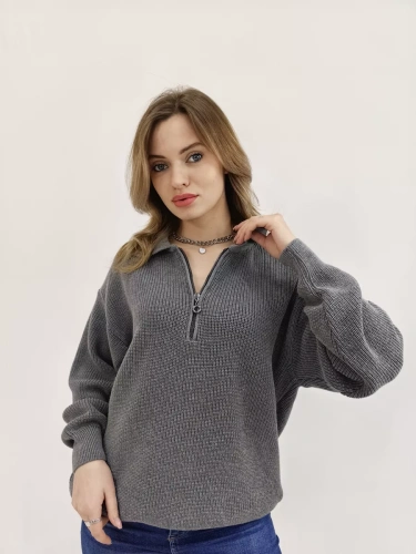 Свитер оверсайз теплый вязаный на молнии с воротником фото 6