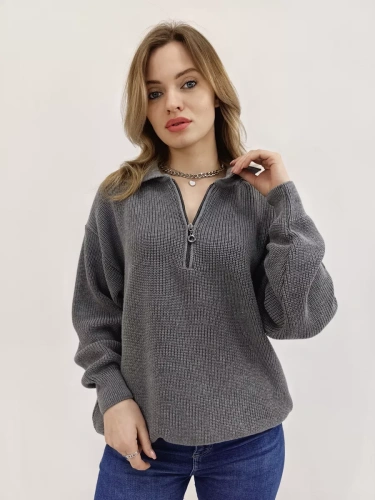 Свитер оверсайз теплый вязаный на молнии с воротником фото 3