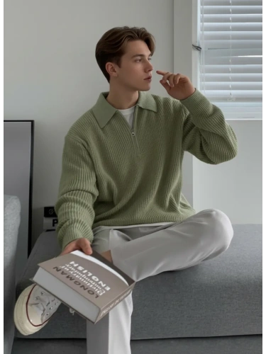 Свитер оверсайз теплый вязаный на молнии с воротником фото 3