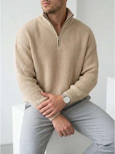 Свитер оверсайз теплый вязаный на молнии с воротником фото 6