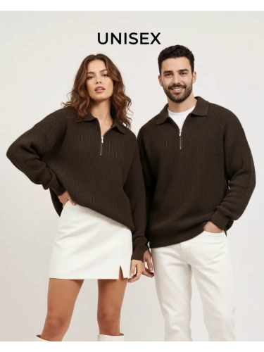 Свитер оверсайз теплый вязаный на молнии с воротником